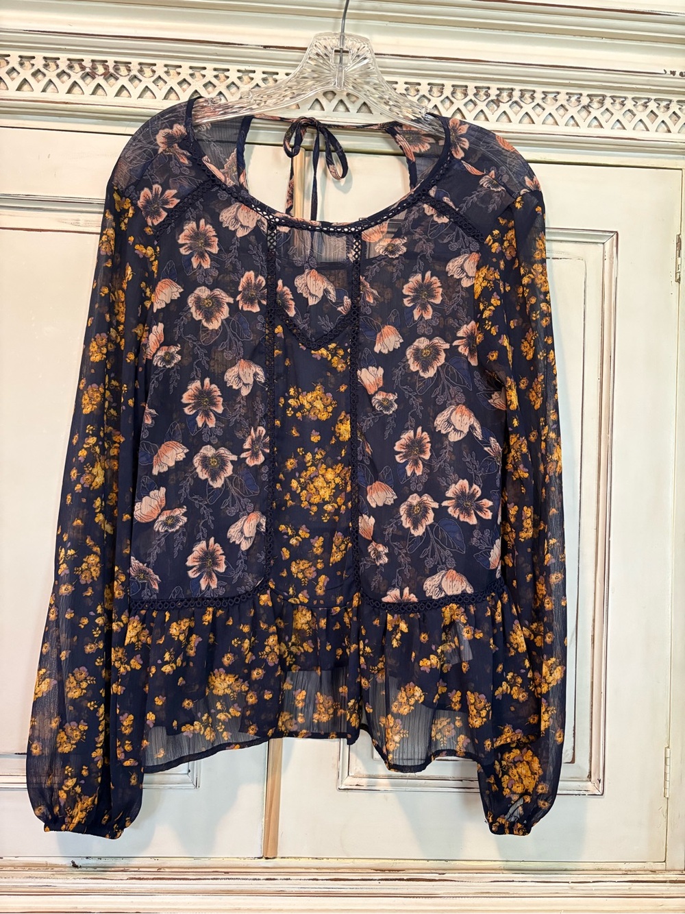 Floral Sheer Long-Sleeve Blouse - Navy with Pink & Mustard Flowers